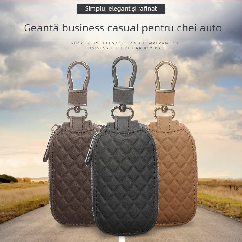 Carcasă universală pentru chei auto din piele naturală, design minimalist, cu fermoar, protecție pentru chei, multifuncțional