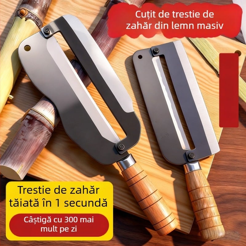 Cuțit multifuncțional pentru trestia de zahăr din oțel mangan, lamă îngroșată, mâner din lemn mare antiderapant, cu margine dublă pentru decojit și tăierea trestii