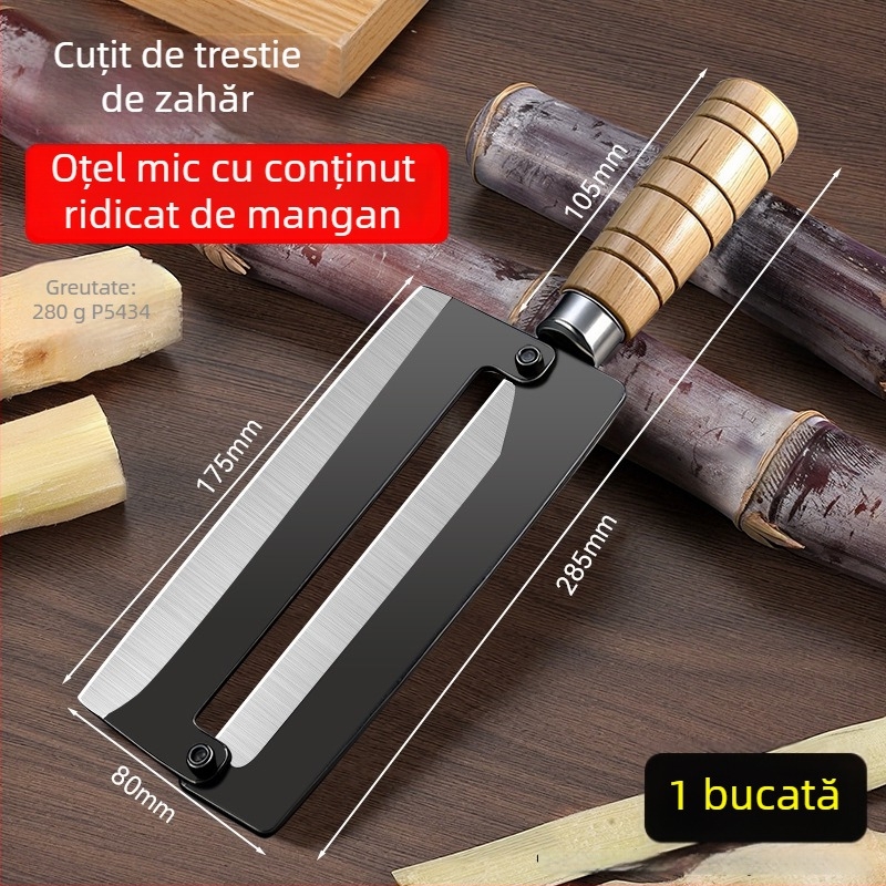 Cuțit multifuncțional pentru trestia de zahăr din oțel mangan, lamă îngroșată, mâner din lemn mare antiderapant, cu margine dublă pentru decojit și tăierea trestii