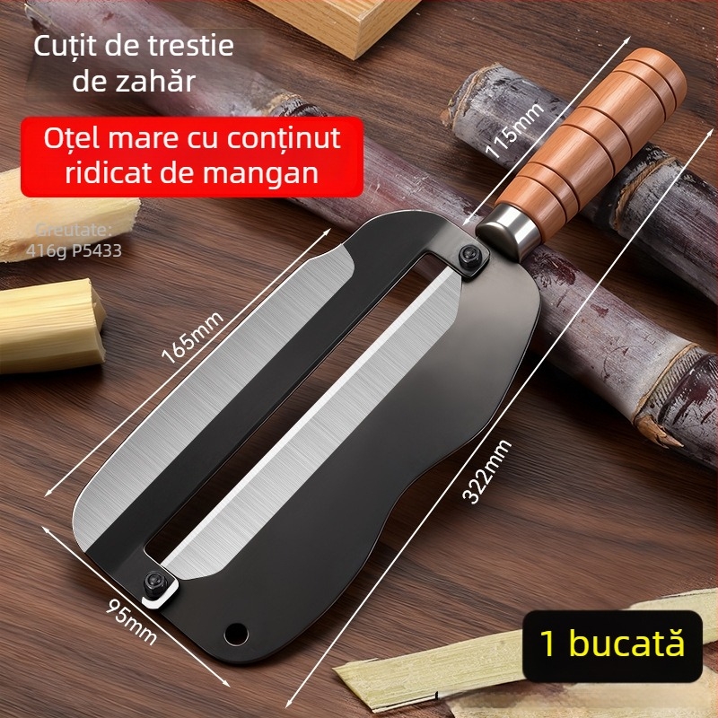 Cuțit multifuncțional pentru trestia de zahăr din oțel mangan, lamă îngroșată, mâner din lemn mare antiderapant, cu margine dublă pentru decojit și tăierea trestii