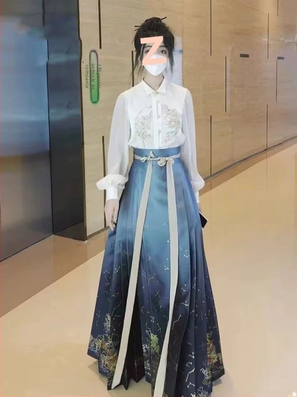 Set Hanfu primăvară-vară în stil chinezesc, cu top brodat și fustă Horse-Face pentru adulți