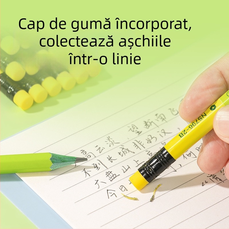 Deli NS796-HB Creion grafit verde cu gumă la cap, corp hexagonal din lemn, pentru examene, schițe și graffiti