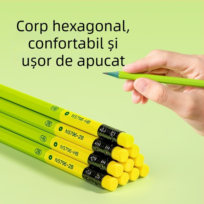 Deli NS796-HB Creion grafit verde cu gumă la cap, corp hexagonal din lemn, pentru examene, schițe și graffiti