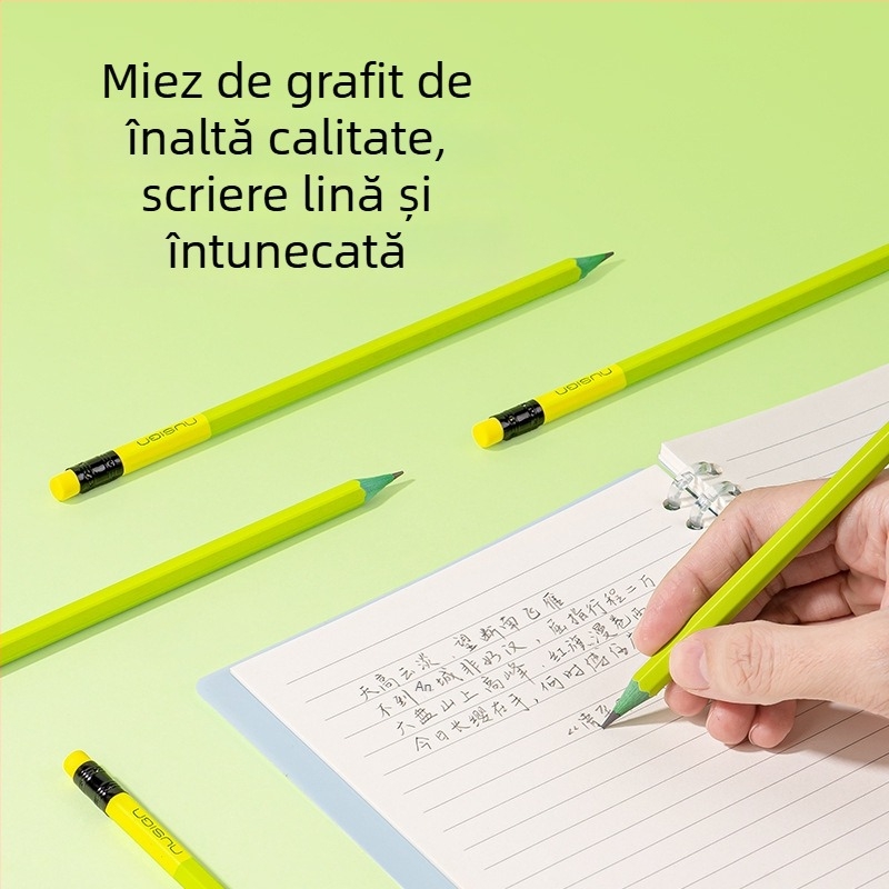 Deli NS796-HB Creion grafit verde cu gumă la cap, corp hexagonal din lemn, pentru examene, schițe și graffiti