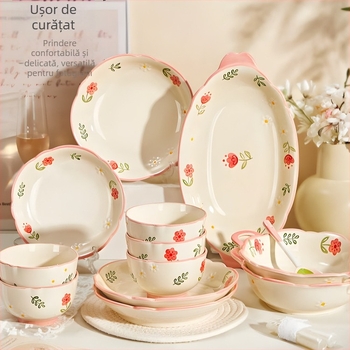 Set de veselă din porțelan pentru uz casnic, cu model floral roz pal — boluri și farfurii cu mânere duble, stil nordic