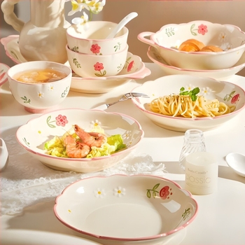 Set de veselă din porțelan pentru uz casnic, cu model floral roz pal — boluri și farfurii cu mânere duble, stil nordic