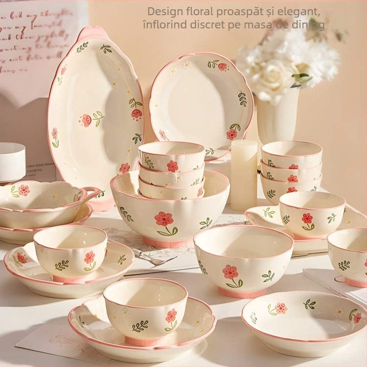 Set de veselă din porțelan pentru uz casnic, cu model floral roz pal — boluri și farfurii cu mânere duble, stil nordic