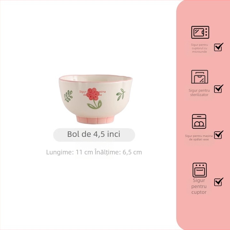 Set de veselă din porțelan pentru uz casnic, cu model floral roz pal — boluri și farfurii cu mânere duble, stil nordic