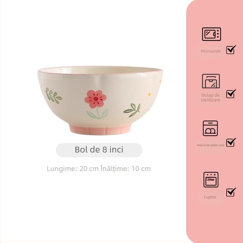Set de veselă din porțelan pentru uz casnic, cu model floral roz pal — boluri și farfurii cu mânere duble, stil nordic
