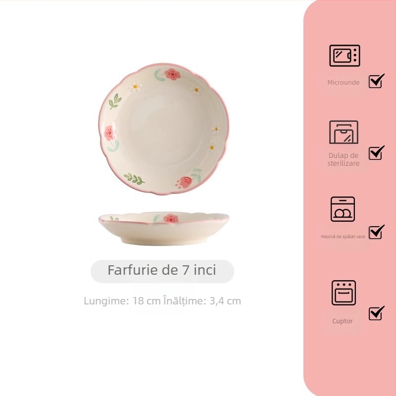Set de veselă din porțelan pentru uz casnic, cu model floral roz pal — boluri și farfurii cu mânere duble, stil nordic