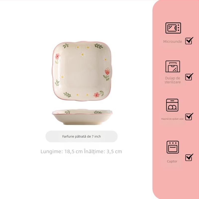 Set de veselă din porțelan pentru uz casnic, cu model floral roz pal — boluri și farfurii cu mânere duble, stil nordic
