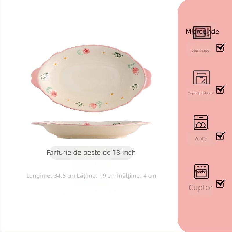 Set de veselă din porțelan pentru uz casnic, cu model floral roz pal — boluri și farfurii cu mânere duble, stil nordic