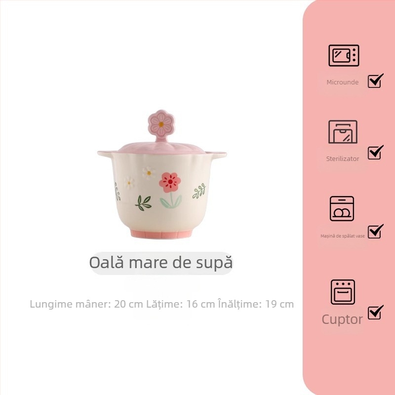 Set de veselă din porțelan pentru uz casnic, cu model floral roz pal — boluri și farfurii cu mânere duble, stil nordic