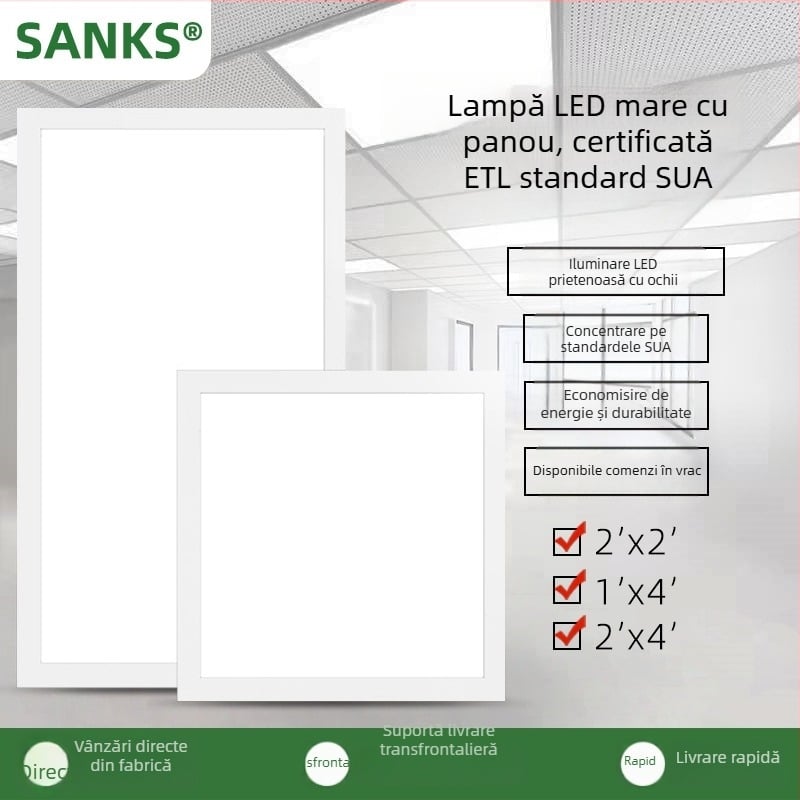 Three Pines panou LED pentru plafon încastrat, dimensiuni 2x2 ft, 1x4 ft, 2x4 ft, 5000 lm, 20-50 W, CRI 80, 110-120 V