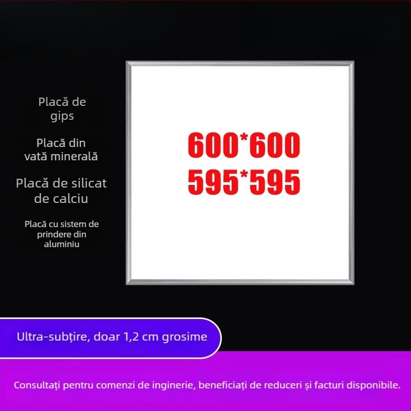 Corp LED pentru tavan, panou plat 600x600 mm, panou 60x60, placă din gips-carton cu vată minerală, grosime 1,3 cm