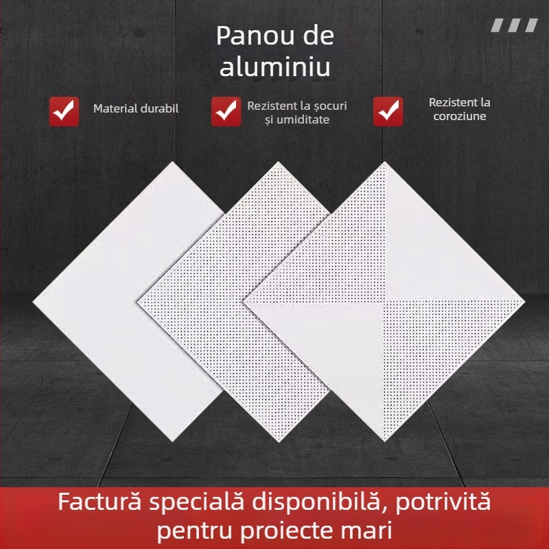 Panouri de plafon din aluminiu 300x300 și 600x600, plăci fonoabsorbante pentru școli, fabrici, spitale și birouri – sistem de tavane integrate