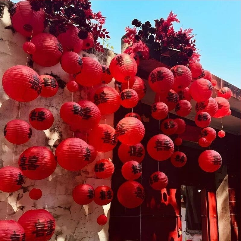 Felinar de nuntă cu Dublă Fericire, decor rural în stil chinezesc, recuzită pentru fotografii, șir de felinare pentru exterior