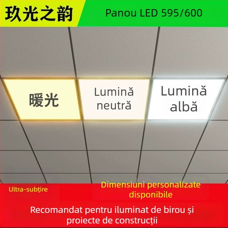 Panou LED încastrat pentru tavan 600x600, lumină neutră și caldă, trei nuanțe de temperatură a luminii, placă din gips-carton cu lână minerală, cadru din aluminiu.