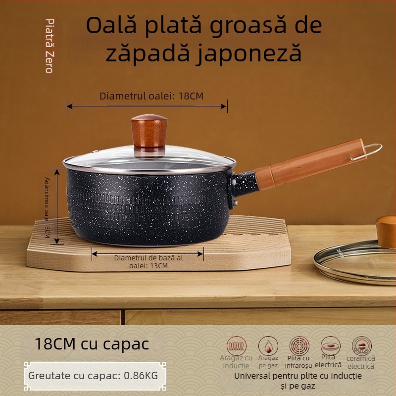 Oală antiaderentă pentru bebeluși, mică oală pentru lapte și supe, cu piatră Maifan în fund și capac de sticlă