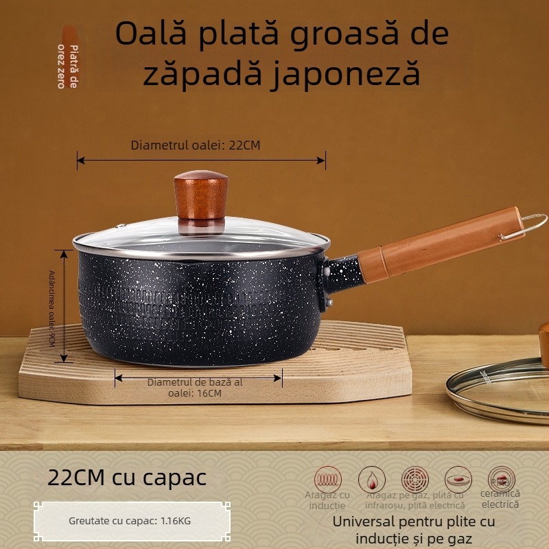 Oală antiaderentă pentru bebeluși, mică oală pentru lapte și supe, cu piatră Maifan în fund și capac de sticlă