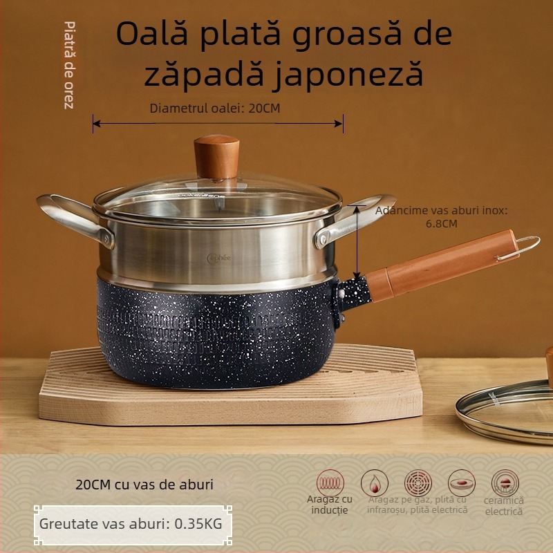 Oală antiaderentă pentru bebeluși, mică oală pentru lapte și supe, cu piatră Maifan în fund și capac de sticlă