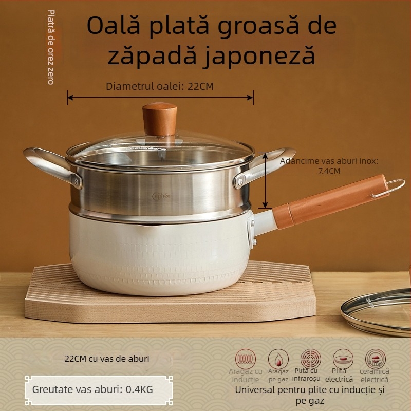 Oală antiaderentă pentru bebeluși, mică oală pentru lapte și supe, cu piatră Maifan în fund și capac de sticlă
