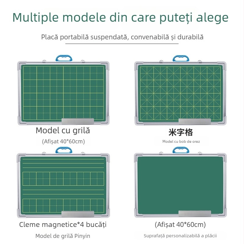 Tablă portabilă, cu fața dublă, pentru practică de scriere, destinat profesorilor, cu grilă pinyin și caractere chinezești, suprafață ștergătoare