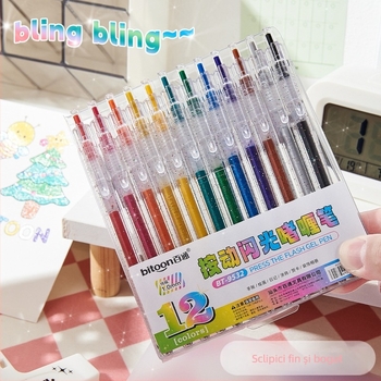 Baitong stilou gel cu apăsare, efect sclipitor, marker color pentru caiete, pentru elevi și uz școlar
