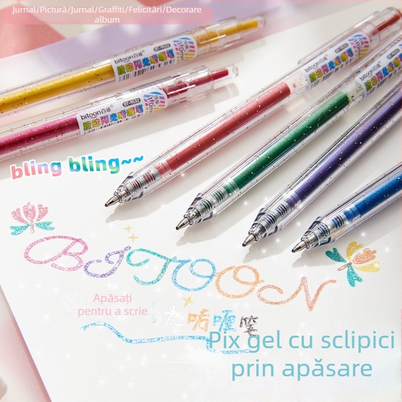 Baitong stilou gel cu apăsare, efect sclipitor, marker color pentru caiete, pentru elevi și uz școlar