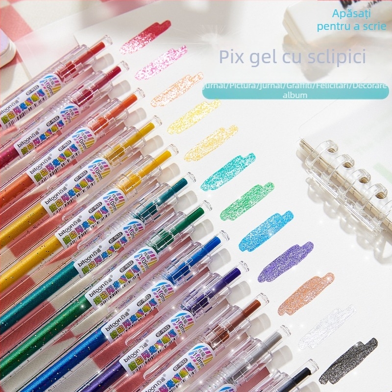 Baitong stilou gel cu apăsare, efect sclipitor, marker color pentru caiete, pentru elevi și uz școlar