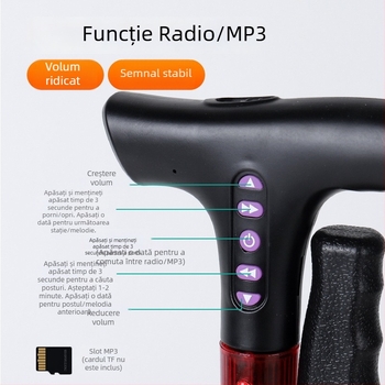 Baston inteligent multifuncțional cu radio pentru persoane în vârstă, baston telescopic antiderapant cu lampă LED, mâner din aliaj de aluminiu