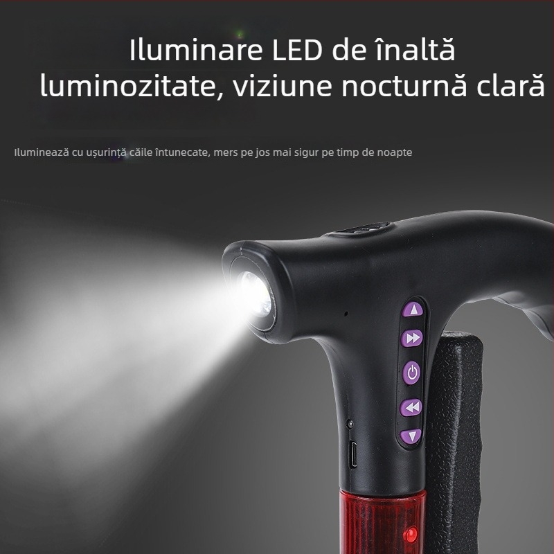 Baston inteligent multifuncțional cu radio pentru persoane în vârstă, baston telescopic antiderapant cu lampă LED, mâner din aliaj de aluminiu