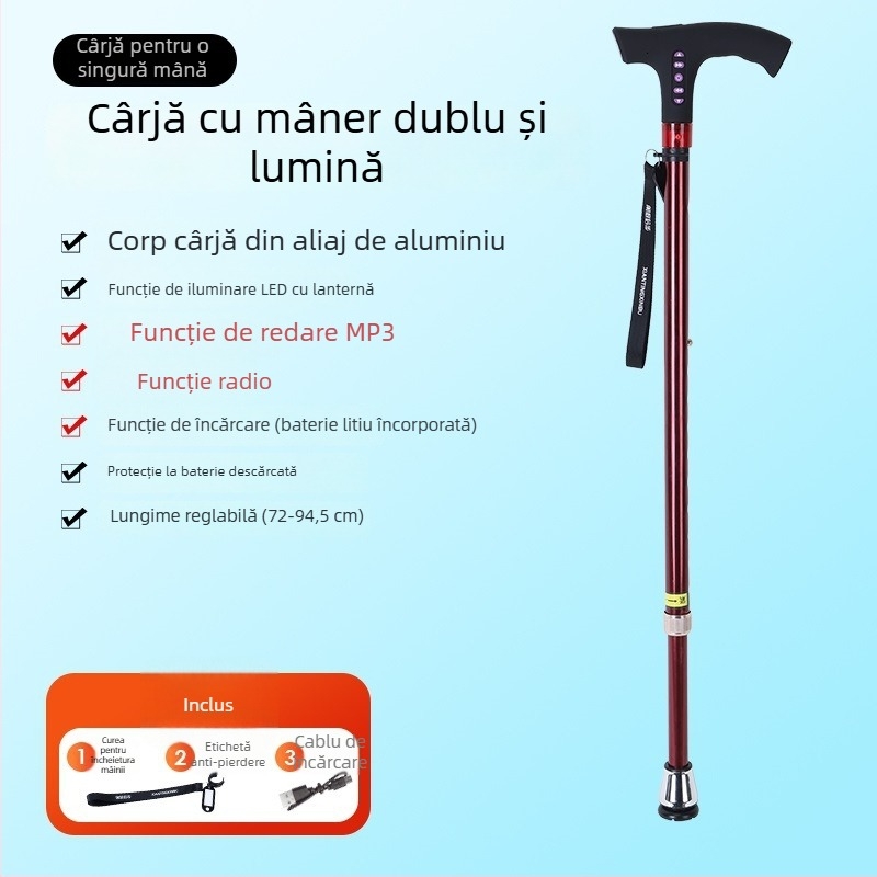 Baston inteligent multifuncțional cu radio pentru persoane în vârstă, baston telescopic antiderapant cu lampă LED, mâner din aliaj de aluminiu