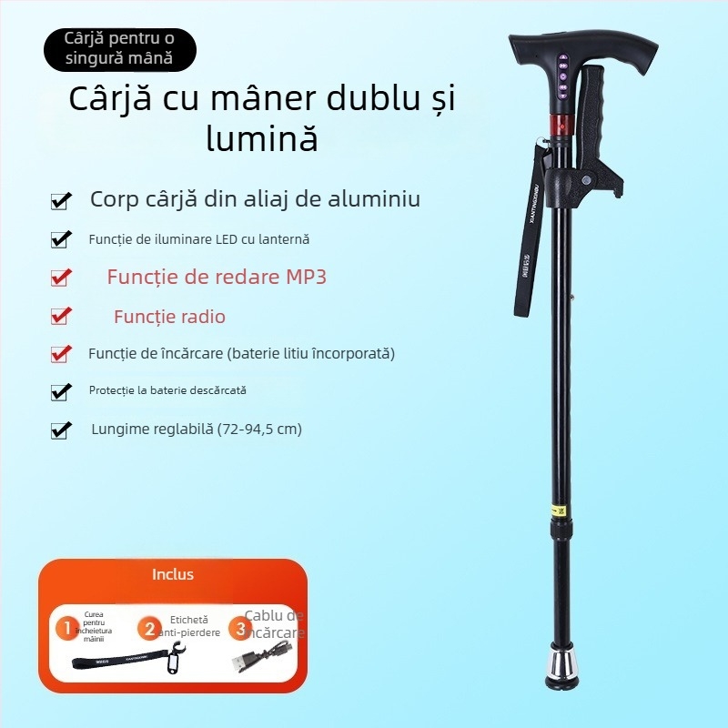 Baston inteligent multifuncțional cu radio pentru persoane în vârstă, baston telescopic antiderapant cu lampă LED, mâner din aliaj de aluminiu