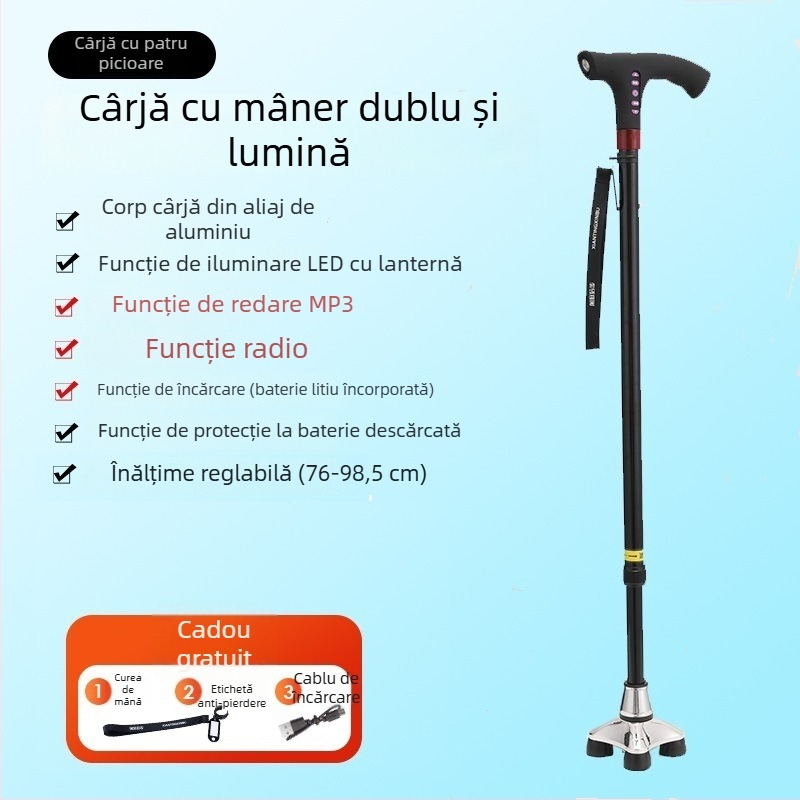 Baston inteligent multifuncțional cu radio pentru persoane în vârstă, baston telescopic antiderapant cu lampă LED, mâner din aliaj de aluminiu