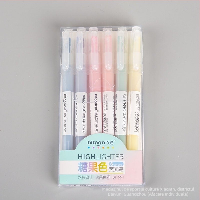 Baitong 991 marker highlighter cu două capete, 6 culori pastel, pentru notițe și subliniere