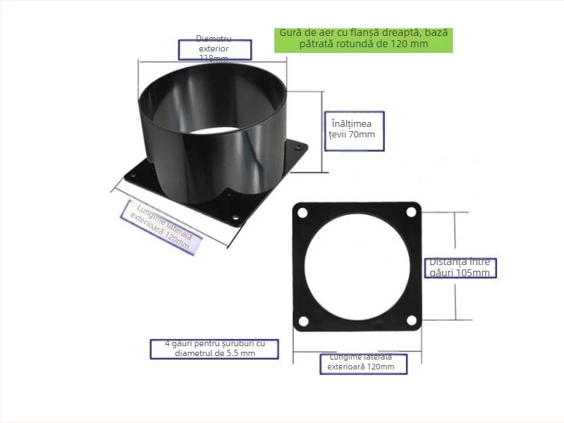 Flanșă ABS pentru aer proaspăt, bază pătrată, 120 mm, conexiune de ventilație pentru evacuare