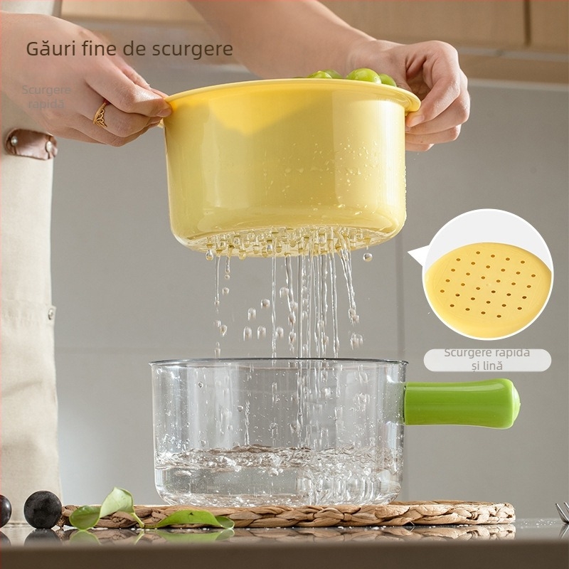 Coș dublu nivel de scurgere pentru spălarea legumelor și fructelor, design modern, coș multifuncțional