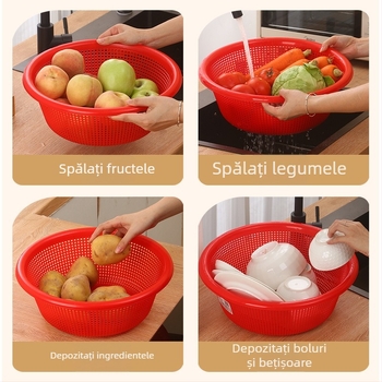 Coș din plastic pentru drenaj, pentru spălarea legumelor și scurgerea orezului, roșu, utilizare casnică