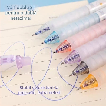 Stilou cu cerneală care se șterge prin apă, acționat prin apăsare, pentru elevi de școală primară, vârf 0,5 mm, corp albastru cristal, cerneală neagră