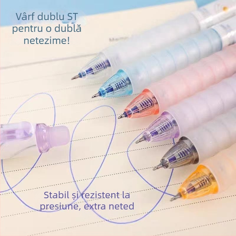 Stilou cu cerneală care se șterge prin apă, acționat prin apăsare, pentru elevi de școală primară, vârf 0,5 mm, corp albastru cristal, cerneală neagră