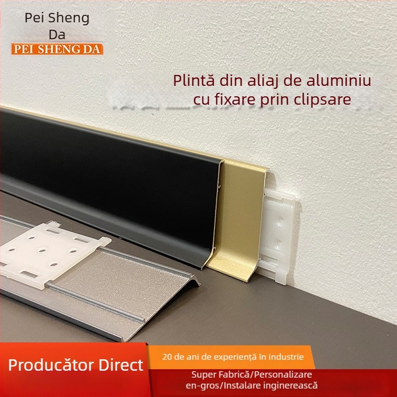 Plintă din aliaj de aluminiu cu panou decorativ plat, fixare cu clips, bază metalică îngroșată în stil lux lejer