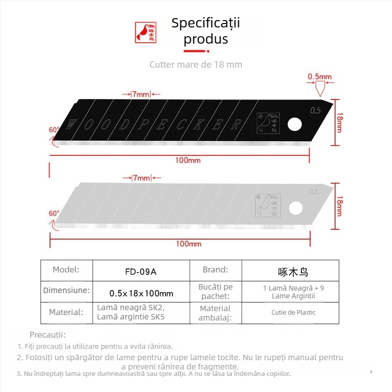 Woodpecker FD-09A lamă pentru cuțit universal – lamă mare pentru îndepărtarea tapetului, lamă de înlocuire 18 mm