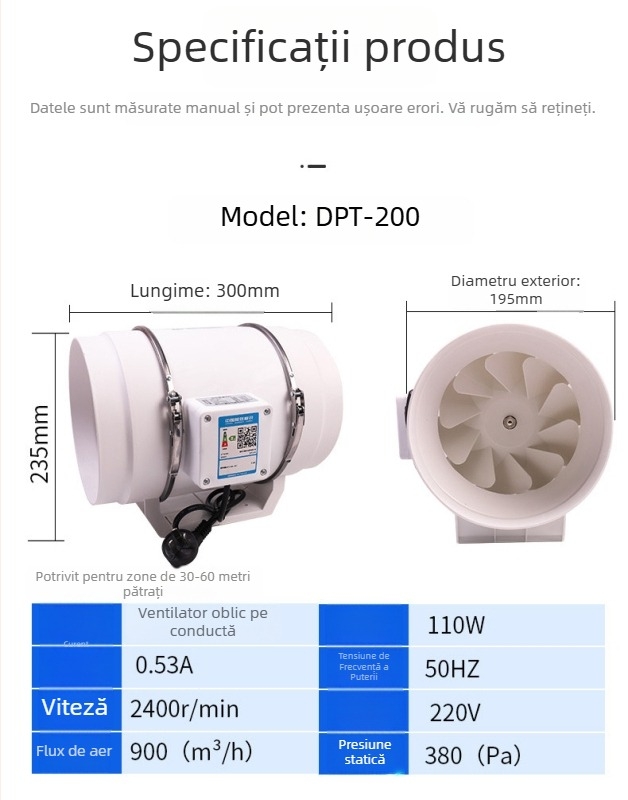 Ventilator DPT-200 pentru conducte, puternic și silențios, pentru evacuarea aerului în bucătărie