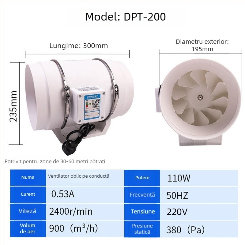 Ventilator DPT-200 pentru conducte, puternic și silențios, pentru evacuarea aerului în bucătărie