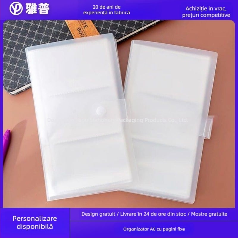 Mapă A6 cu trei compartimente, pagini fixe, suport transparent mat pentru carduri, pentru identități de birou și studenți