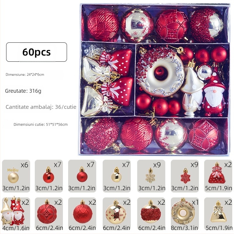 Set de bile de Crăciun cu cutie cadou, pandantive colorate pentru brad