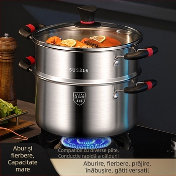 Oală de supă din oțel inoxidabil 316, turnare monobloc, cu aburitor încorporat, design compact cu două niveluri, compatibilă cu plita pe gaz și inducție