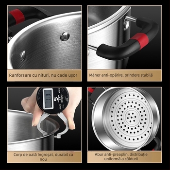 Oală de supă din oțel inoxidabil 316, turnare monobloc, cu aburitor încorporat, design compact cu două niveluri, compatibilă cu plita pe gaz și inducție