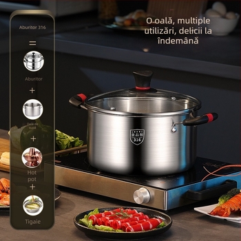 Oală de supă din oțel inoxidabil 316, turnare monobloc, cu aburitor încorporat, design compact cu două niveluri, compatibilă cu plita pe gaz și inducție